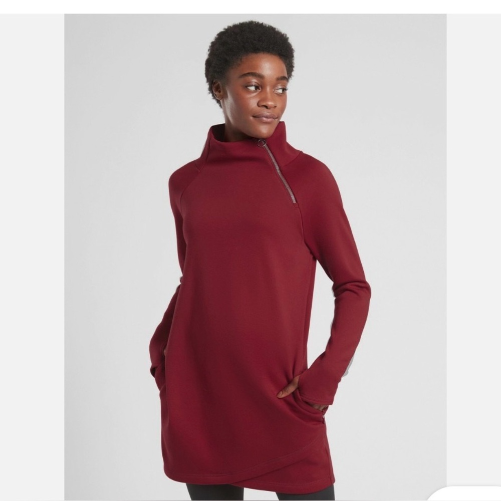 Athleta Cozy Karma Asym Sweatshirt Dress Decadent Red